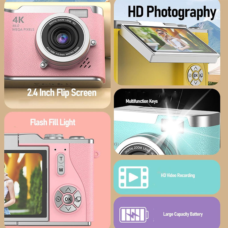 Digital Point and Shoot Camera 2.4-inch Flip Screen 1080p Pink