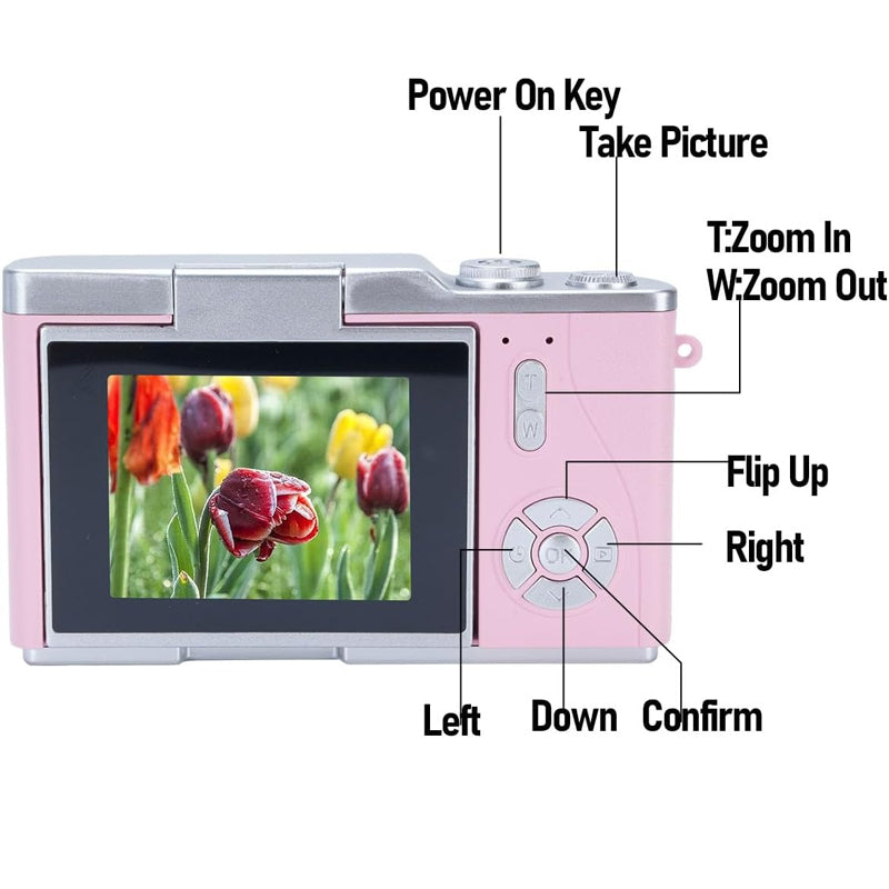 Digital Point and Shoot Camera 2.4-inch Flip Screen 1080p Pink